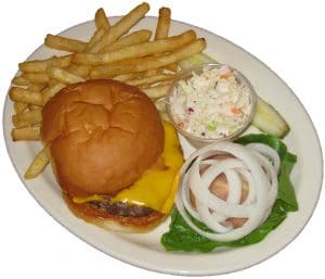 Cheeseburger, fries and coleslaw dinner plate. Onions, pickles lettuce and tomato included.