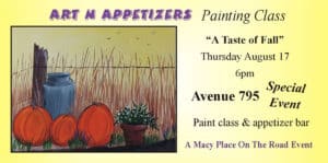Macy Place On The Road event at Avenue 795. Art N Appetizers painting class on 8/17/2023.